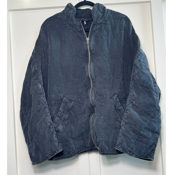 Free People Dolman Quilted Washed Black Bomber Jacket Womens Large Zip Up - Picture 2 of 10